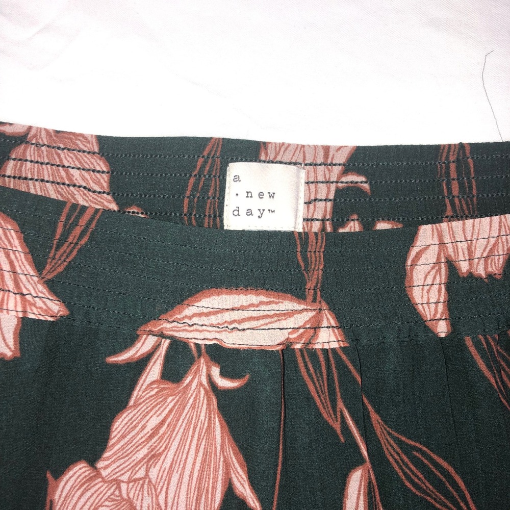 A New Day Green Pink Floral Pleated Midi Skirt Elastic Waist L RN17730 - Picture 2 of 11